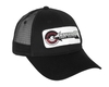 photo of 6 panel low profile black mesh hat, plastic snap size adjuster, 65% polyester, 35% cotton, 100% nylon back.